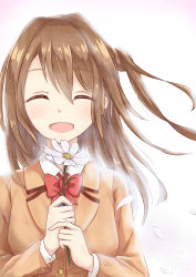 Rule 34 | 1girl, :d, ^ ^, absurdres, blazer, blush, bow, bowtie, brown hair, brown jacket, closed eyes, collared shirt, commentary request, facing viewer, feiyyx, flower, highres, holding, holding flower, idolmaster, idolmaster cinderella girls, jacket, long hair, long sleeves, one side up, open mouth, petals, red bow, red bowtie, school uniform, shimamura uzuki, shirt, smile, solo, upper body, white flower, white shirt