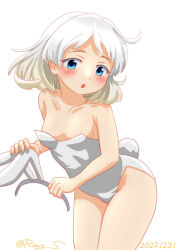Rule 34 | 1girl, animal ears, bare legs, blue eyes, breasts, commentary request, fake animal ears, holding, kantai collection, leaning forward, leotard, natsugumo (kancolle), one-hour drawing challenge, playboy bunny, rabbit ears, rabbit tail, ray.s, short hair, simple background, small breasts, solo, strapless, strapless leotard, tail, twitter username, white background, white hair, white leotard