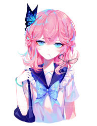 Rule 34 | 1girl, artist name, bad id, bad pixiv id, blue bow, blue eyes, blue sailor collar, bow, braid, butterfly hair ornament, commentary, cropped torso, eyeshadow, french braid, frilled shirt collar, frills, hair between eyes, hair ornament, hand up, highres, looking at viewer, makeup, original, parted lips, pink hair, sailor collar, school uniform, serafuku, sheya, shirt, short hair, short sleeves, signature, simple background, smile, solo, symbol-only commentary, upper body, white background, white shirt