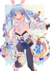 Rule 34 | 1girl, absurdres, alternate costume, animal ear fluff, animal ears, armpits, bare shoulders, black gloves, black pantyhose, blue hair, blush, bow, braid, breasts, bridal garter, carrot, carrot hair ornament, coat, commentary, feet out of frame, food-themed hair ornament, fur trim, gloves, hair bow, hair ornament, highres, hololive, leotard, long hair, looking at viewer, medium breasts, multicolored hair, open mouth, pantyhose, playboy bunny, pom pom (clothes), rabbit ears, rabbit girl, round teeth, solo, teeth, twin braids, two-tone hair, usada pekora, usada pekora (1st costume), virtual youtuber, white bow, white coat, white hair, zuho (vega)