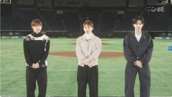 Rule 34 | 3boys, baseball stadium, black pants, hirano shou, jinguuji yuuta, kishi yuuta, multiple boys, pants, photo (medium), tokyo dome