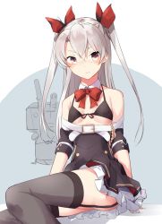 Rule 34 | 1girl, alternate costume, amatsukaze (kancolle), arm support, arms at sides, azur lane, bad id, bad pixiv id, bare shoulders, belt, bikini, blush, breasts, detached collar, detached sleeves, dress, eyes visible through hair, frilled dress, frills, front-tie bikini top, front-tie top, garter straps, hair ornament, kantai collection, long hair, looking at viewer, red eyes, red ribbon, rensouhou-kun, ribbon, simple background, sitting, skirt, small breasts, solo, stardust-kun, swimsuit, tagme, thighhighs, two side up, underboob, vampire (azur lane), white hair