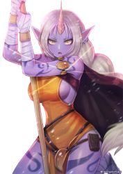 Rule 34 | 1girl, armlet, bad id, bad pixiv id, breasts, cape, colored skin, earrings, hanato (seonoaiko), horns, jewelry, large breasts, league of legends, long hair, looking at viewer, open mouth, pointy ears, ponytail, pouch, purple skin, sideboob, single horn, solo, soraka (league of legends), staff, standing, tattoo, watermark, white background, white hair, wrist wrap, yellow eyes