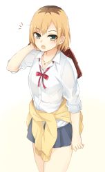 Rule 34 | 1girl, bag, blonde hair, blue skirt, blush, brown hair, clothes around waist, collarbone, collared shirt, cowboy shot, dress shirt, green eyes, highres, holding, holding bag, imai midori, jewelry, long sleeves, miniskirt, multicolored hair, neck ribbon, necklace, open mouth, pleated skirt, red ribbon, ribbon, roots (hair), school bag, school uniform, shirobako, shirt, short hair, simple background, skirt, solo, standing, striped ribbon, sweater, sweater around waist, tahita1874, two-tone hair, white background, white shirt, wing collar, yellow sweater