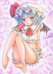 Rule 34 | 1girl, ascot, bad id, bad pixiv id, barefoot, bloomers, blue hair, bow, food, funnyfunny, gradient background, hat, hat bow, mob cap, popsicle, red eyes, remilia scarlet, sash, solo, touhou, traditional media, underwear, watermelon bar, wrist cuffs