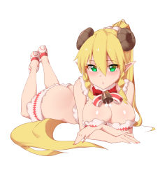 Rule 34 | 1girl, :o, alternate costume, ass, bare arms, bare shoulders, bell, blonde hair, blush, bow, bowtie, braid, breasts, butt crack, chou shippai-saku, cleavage, commentary request, cowbell, crop top, foreshortening, front braid, full body, fur collar, green eyes, hair between eyes, hair ornament, hair scrunchie, highres, horns, large breasts, leafa, legs up, long hair, looking at viewer, lying, md5 mismatch, nail polish, no socks, on stomach, parted lips, pink nails, pointy ears, ponytail, resolution mismatch, scrunchie, shiny skin, shoes, side braid, simple background, solo, source larger, striped bow, striped bowtie, striped clothes, striped neckwear, sword art online, tsurime, twin braids, very long hair, white background, white footwear