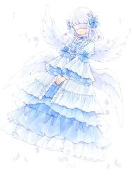 Rule 34 | 1girl, angel wings, blindfold, blue bow, bow, chain paradox, dress, dress bow, facing viewer, feathered wings, frilled dress, frills, full body, hair bow, highres, long hair, long sleeves, natsu nts, petals, smile, solo, violet lyonne, white hair, white wings, wide sleeves, wings