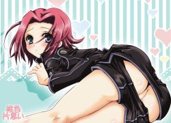 Rule 34 | 00s, ass, bad id, bad pixiv id, bent over, blue eyes, chaa, clothes pull, code geass, heart, kouzuki kallen, no panties, order of the black knights uniform, red hair, short hair, shorts, shorts pull, solo