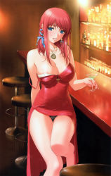 Rule 34 | 1girl, absurdres, amanogawa subaru, amulet, areola slip, arm behind back, bar (place), bar stool, bare legs, bare shoulders, belted, belted dress, black panties, blue eyes, blurry, blush, breasts, clasped dress, cleavage, dress, drink, drunk, earrings, grin, hair ribbon, highres, holding, indoors, jewelry, lace, lace-trimmed panties, lace panties, lace trim, large breasts, leg lift, lips, long dress, long hair, looking at viewer, majodou, martini, necklace, official art, panties, pantyshot, parted lips, pendant, photo background, red dress, red hair, ribbon, sano toshihide, scan, side slit, sidelocks, sitting, smile, solo, sparkle, stool, strap lift, strap slip, tight clothes, tight dress, underwear, wardrobe malfunction, wide hips