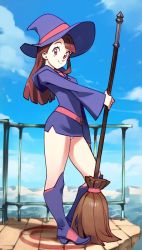 Rule 34 | 1girl, boots, broom, brown eyes, brown hair, commentary, hat, highres, holding, holding broom, kagari atsuko, little witch academia, long hair, looking at viewer, luna nova school uniform, optionaltypo, panties, pantyshot, school uniform, skirt, sky, smile, solo, thighs, underwear, witch, witch hat