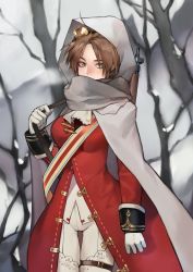 Rule 34 | 1girl, absurdres, blush, bolt action, breasts, brown hair, bullet, cloak, coat, girls&#039; frontline, gloves, green eyes, gun, hair ornament, highres, holding, holding strap, hood, hooded cloak, lee-enfield, lee-enfield (girls&#039; frontline), long hair, looking at viewer, pants, red coat, rifle, solo, tree, uniform, weapon, white gloves, white pants, wonnie