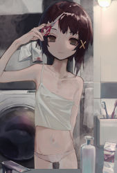 Rule 34 | 1girl, absurdres, arm behind back, arm up, asymmetrical hair, blouse, brown eyes, brown hair, camisole, cellphone, closed mouth, collarbone, colored sclera, commentary, cowboy shot, cutting hair, flat chest, hair ornament, hairclip, highres, holding, holding scissors, indoors, iwakura lain, lamp, legs apart, looking at viewer, mirror, navel, panties, phone, red sclera, scissors, serial experiments lain, shirt, short hair, skinny, sleeveless, sleeveless shirt, smartphone, solo, standing, steam, toilet, toothbrush, toothpaste, towel, tsumix, underwear, washing machine, white panties, white shirt