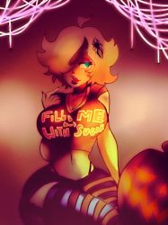 Rule 34 | 1girl, atropos, blonde hair, breasts, clothes writing, curvy, garter straps, gradient background, green eyes, hair over one eye, halloween, highres, jack-o&#039;-lantern, legs together, lips, looking at viewer, medium breasts, midriff, navel, original, pinup (style), pumpkin, red lips, shirt, short hair, simple background, sitting, skindentation, solo, spider hair ornament, striped legwear, t-shirt, tagme, whale tail (clothing), wide hips, xpisigma