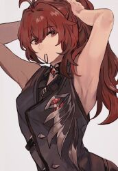 Rule 34 | 1boy, adjusting hair, antenna hair, arched back, armpits, arms up, diluc (genshin impact), eatsthgood, genshin impact, long hair, looking at viewer, mouth hold, red eyes, red hair, simple background, solo, white background