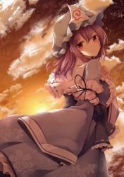 Rule 34 | 1girl, blue ribbon, breasts, cloud, cloudy sky, expressionless, floral print, hat, highres, japanese clothes, kimono, large breasts, long sleeves, looking at viewer, midori (misuriru8), mob cap, obi, outdoors, pink hair, red eyes, ribbon, saigyouji yuyuko, sash, sky, sleeves past wrists, solo, star (sky), starry sky, touhou, triangular headpiece, wide sleeves
