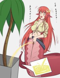 Rule 34 | 1girl, absurdres, animal ears, artist request, blush, breasts, cleavage, clothes lift, collared shirt, cut-in, denim, denim skirt, english text, closed eyes, flower, hair ornament, highres, lamia, large breasts, long hair, midriff, miia (monster musume), monster girl, monster musume no iru nichijou, nipples, open mouth, pee, peeing, plant, potted plant, pussy, red hair, shaking, shirt, skirt, skirt lift, snake tail, solo, spread pussy, standing, tail, tan shirt, uncensored, very long hair