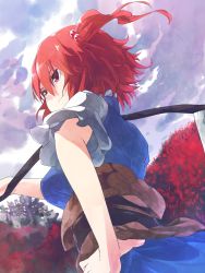 Rule 34 | 1girl, bad id, bad pixiv id, cloud, female focus, flower, hair bobbles, hair ornament, hand on own hip, highres, ibuki notsu, obi, onozuka komachi, puffy sleeves, red eyes, red hair, sash, scythe, short hair, short sleeves, solo, spider lily, touhou, twintails, two side up, weapon
