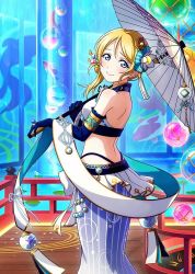 Rule 34 | 1girl, alternate hairstyle, artist request, ayase eli, bare shoulders, blonde hair, blue eyes, blue gloves, blush, bow, breasts, cleavage, collarbone, collared dress, dress, elbow gloves, female focus, flower, from behind, gloves, hair between eyes, hair bun, hair flower, hair ornament, hair ribbon, holding, holding behind back, holding umbrella, japanese clothes, jewelry, kimono, long hair, looking at viewer, looking back, love live!, love live! school idol festival, love live! school idol project, parted lips, ribbon, ring, short hair, sideboob, single hair bun, skirt, solo, striped bow, striped clothes, striped legwear, striped skirt, umbrella, vertical-striped clothes, vertical-striped skirt, white flower, white skirt