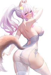Rule 34 | 1girl, animal ears, ass, back, backless dress, backless outfit, bare shoulders, blush, breasts, butt crack, closed mouth, commentary request, dress, elbow gloves, fingerless gloves, from behind, gloves, hair ornament, hand up, highres, indie virtual youtuber, large breasts, long hair, looking at viewer, looking back, nail polish, panties, ponytail, purple eyes, purple hair, see-through, side-tie panties, sidelocks, simple background, smile, solo, star (symbol), star hair ornament, studiopokotan, thighs, underwear, virtual youtuber, white background, white dress, white gloves, white panties