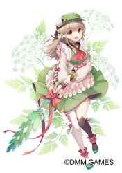 Rule 34 | 1girl, amakarashi, apron, asymmetrical legwear, black thighhighs, blush, bow, braid, breasts, brown eyes, brown hair, brown ribbon, chervil (flower knight girl), copyright notice, cross-laced clothes, cross-laced sleeves, dress, flower, flower knight girl, green dress, green footwear, green hat, hair flower, hair ornament, hair ribbon, hat, highres, holding, holding sword, holding weapon, large breasts, leaf, long hair, official art, open mouth, pink bow, pink ribbon, plant, ribbon, solo, sword, thighhighs, weapon, white apron, white flower, white sleeves, white thighhighs