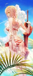 Rule 34 | 1girl, aestus estus, ahoge, ass, back, bare shoulders, bead bracelet, beads, bikini, blonde hair, bow, bracelet, braid, breasts, butt crack, cloud, cloudy sky, cowboy shot, day, duplicate, fate/grand order, fate (series), french braid, green eyes, hair bow, highres, holding, holding sword, holding weapon, jewelry, long hair, long sleeves, looking at viewer, looking back, medium breasts, nero claudius (fate), nero claudius (fate) (all), nero claudius (swimsuit caster) (fate), nero claudius (swimsuit caster) (third ascension) (fate), outdoors, palm tree, robe, see-through, side-tie bikini bottom, sky, standing, striped bikini, striped clothes, sul ( 20sub), swimsuit, sword, tree, weapon, white bow