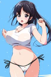 Rule 34 | 1girl, arms up, bikini, black eyes, black hair, blush, bouncing breasts, breasts, cleavage, cowboy shot, crop top, eyebrows, floral print, gluteal fold, groin, highres, large breasts, long hair, looking at viewer, matsunaga kouyou, navel, open mouth, original, perky breasts, ponytail, shiny skin, shirt, shorts, side-tie bikini bottom, solo, swimsuit, taut clothes, taut shirt, thigh gap, wet, wet clothes, white bikini, white shirt