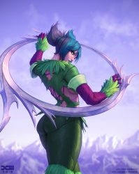 Rule 34 | 1girl, ass, barretxiii, black hair, blue hair, chakram, detached sleeves, eyeshadow, from behind, gloves, green lips, green pants, hair pulled back, highres, hoop, lips, lipstick, looking back, makeup, mascara, mole, mole under eye, multicolored hair, nose, pants, pink eyes, pink gloves, ring blade, short hair, short twintails, solo, soul calibur, soulcalibur, soulcalibur iii, thick thighs, thighs, tira (soulcalibur), twintails, two-tone hair, watermark, weapon, web address
