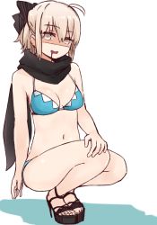 Rule 34 | 1girl, ahoge, bare arms, bare shoulders, bikini, black bow, black footwear, black scarf, blonde hair, blue bikini, bow, breasts, brown eyes, cleavage, colored shadow, commentary request, drooling, fate/grand order, fate (series), full body, hair between eyes, hari i, high heels, i.u.y, koha-ace, looking at viewer, mouth drool, navel, okita souji (fate), okita souji (koha-ace), open mouth, sandals, scarf, shaded face, shadow, sidelocks, small breasts, solo, squatting, swimsuit, white background