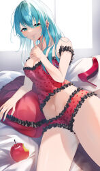 Rule 34 | 1girl, absurdres, alternate breast size, apple, aqua hair, aqua nails, arm support, bare shoulders, breasts, camisole, cleavage, closed mouth, collarbone, finger to mouth, fingernails, food, frilled camisole, frills, fruit, green eyes, hatsune miku, high heels, highres, index finger raised, large breasts, long fingernails, long hair, looking at viewer, lying, nail polish, on side, panties, pillow, polka dot, polka dot camisole, polka dot panties, red camisole, red footwear, red panties, shoes, unworn shoes, smile, solo, suisen-21, underwear, vocaloid