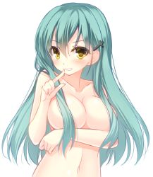 Rule 34 | 10s, 1girl, bad id, bad nicoseiga id, blush, breast hold, breasts, cleavage, collarbone, covering privates, covering breasts, eyelashes, female focus, finger to mouth, green hair, grin, hair between eyes, hair censor, hair ornament, kantai collection, large breasts, long hair, looking at viewer, miko (royal milk), navel, nude, personification, pointing, simple background, sketch, smile, solo, suzuya (kancolle), topless frame, upper body, white background, yellow eyes