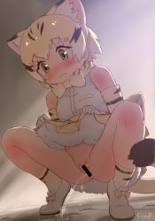Rule 34 | 1girl, animal ears, blonde hair, blush, cat ears, censored, clothes lift, highres, kemono friends, lifted by self, masuyama ryou, no panties, peeing, pussy, sand cat (kemono friends), skirt, skirt lift, solo, squatting, tail, yellow eyes