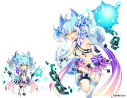 Rule 34 | 1girl, :d, aki no jikan, animal ears, arms at sides, ass, ball and chain restraint, bare shoulders, blue bow, bow, breasts, broken, broken chain, chain, claws, grey hair, hair ornament, looking at viewer, maru-kichi, midriff, multiple views, navel, official art, open mouth, short twintails, single thighhigh, small breasts, smile, snowflake hair ornament, standing, standing on one leg, tail, thighhighs, twintails, watermark, white thighhighs, wolf tail, yellow eyes