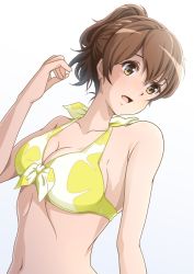 Rule 34 | 1girl, alternate breast size, bare shoulders, breasts, brown eyes, brown hair, cleavage, collarbone, dutch angle, hand up, hibike! euphonium, highres, matebashi, medium breasts, medium hair, open mouth, oumae kumiko, ponytail, solo, swimsuit, white background