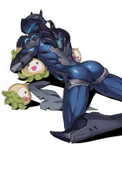 Rule 34 | 1boy, alternate color, armor, ass, back, black hair, bodysuit, csc, cyborg, genji (overwatch), helmet, hug, long hair, low ponytail, lying, male focus, on stomach, overwatch, overwatch 1, pachimari, ponytail, power armor, shiny clothes, simple background, solo, stuffed toy, white background