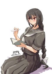 Rule 34 | 1girl, alternate costume, alternate hairstyle, artist name, bespectacled, black hair, book, bookmark, breasts, brown serafuku, dated, glasses, highres, holding, holding book, kantai collection, large breasts, long hair, nagato (kancolle), one-hour drawing challenge, owa (ishtail), reading, red eyes, school uniform, semi-rimless eyewear, serafuku, simple background, solo, very long hair, white background