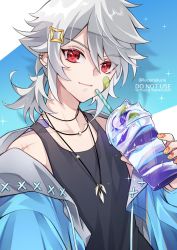 Rule 34 | 1boy, bandaid, bandaid on face, black shirt, blue jacket, closed mouth, commentary, cup, disposable cup, drink, ear piercing, genshin impact, hair ornament, highres, holding, holding cup, jacket, jewelry, luciarielucia, male focus, necklace, off shoulder, piercing, razor (genshin impact), red eyes, scar, scar on arm, shirt, short ponytail, sleeveless, sleeveless shirt, smile, solo, star (symbol), star hair ornament, tank top, tooth necklace, twitter username, upper body, wolfhook (genshin impact)