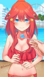 Rule 34 | 1girl, amusement park, bare shoulders, bikini, bikini top only, blue eyes, blush, breasts, cleavage, closed mouth, collarbone, commentary request, feeding, food, frilled bikini, frilled bikini top, frills, fumazu9, go-toubun no hanayome, hair between eyes, hair ornament, halterneck, high ponytail, highres, ice cream, large breasts, long hair, looking at viewer, nakano itsuki, navel, ponytail, pool, red bikini, red hair, red sarong, roller coaster, sarong, sidelocks, solo, spoon, standing, star (symbol), star hair ornament, stomach, swimsuit, water, water slide