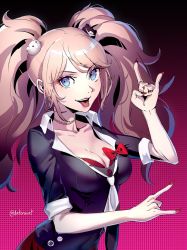 Rule 34 | 1girl, \m/, bear hair ornament, black shirt, blue eyes, bow, bra, breasts, brown hair, cleavage, collarbone, commentary, danganronpa: trigger happy havoc, danganronpa (series), datcravat, enoshima junko, hair ornament, hand up, highres, large breasts, long hair, looking at viewer, nail polish, necktie, red bow, red bra, red nails, red skirt, shirt, skirt, sleeves rolled up, smile, solo, tongue, tongue out, twintails, underwear