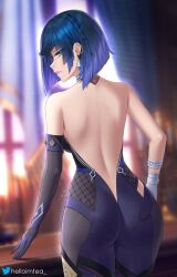Rule 34 | 1girl, ass, asymmetrical gloves, backless outfit, bare back, bare shoulders, black gloves, blue hair, blunt bangs, blurry, blurry background, bob cut, braid, commentary request, cowboy shot, earrings, eyeshadow, genshin impact, gloves, green eyes, helloimtea, highres, indoors, jewelry, makeup, mismatched gloves, partial commentary, pink lips, short hair, solo, standing, thighs, white gloves, yelan (genshin impact)