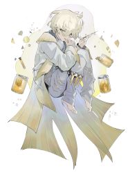 Rule 34 | 1boy, biting, biting own thumb, food fantasy, full body, highres, looking to the side, lutefisk (food fantasy), official art, oversized clothes, pale skin, second-party source, solo, sweater, syringe, torn clothes, torn legwear, transparent background, white hair, white sweater, yellow eyes
