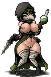 Rule 34 | 1girl, animated, animated gif, bandaged arm, bandaged leg, bandages, belt, belt buckle, belt pouch, bottle, bottomless, breasts, breasts out, buckle, cleft of venus, coat, covered mouth, dagger, darkest dungeon, female focus, fighting stance, flaming weapon, full body, gloves, green eyes, green hair, high heels, holding, holding bottle, holding dagger, holding knife, holding weapon, hood, knife, large breasts, leather, leather gloves, lowres, navel, nipples, no bra, no panties, nude, nude mod, open clothes, open coat, plague doctor, plague doctor (darkest dungeon), plague doctor mask, pouch, pussy, shadow, solo, standing, thick thighs, thighhighs, thighs, topless, uncensored, video game, weapon, white background, xelsword