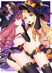 Rule 34 | 2girls, :o, akagi kurage, arm up, ass, azur lane, back, bare shoulders, black gloves, black headwear, black legwear, blonde hair, blue eyes, bow, cameltoe, candy, commentary request, cowboy shot, drill hair, elbow gloves, flat chest, food, frills, gloves, gluteal fold, groin, hand up, hat, highres, long hair, looking at viewer, multiple girls, navel, open mouth, purple eyes, quad drills, red hair, revealing clothes, showgirl skirt, smalley (azur lane), smalley (candy courier) (azur lane), stanly (azur lane), stomach, thighhighs, thighs, witch hat, wrist cuffs, yellow bow