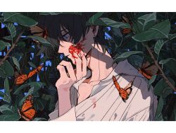 Rule 34 | 1boy, black hair, blood, blood on cheek, blood on face, blood on hands, blue eyes, bug, butterfly, collared shirt, earrings, from side, hand up, highres, insect, jewelry, leaf, letterboxed, long sleeves, male focus, orange butterfly, original, outdoors, parted lips, plant, rom (xox rom), shirt, short hair, solo, upper body, white shirt