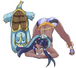 Rule 34 | 1girl, absurdres, arm support, ass, belly chain, black hair, blue eyes, blue hair, claws, creatures (company), dark-skinned female, dark skin, drednaw, earrings, full body, game freak, gen 8 pokemon, gym leader, hair ornament, handstand, highres, hoop earrings, jack-o&#039; challenge, jewelry, legs apart, looking at viewer, multicolored hair, nessa (pokemon), nintendo, paperbirdus, pokemon, pokemon (creature), pokemon swsh, sandals, simple background, spread legs, toes, top-down bottom-up, two-tone hair, white background