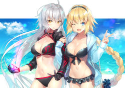 Rule 34 | 2girls, ;d, ahoge, anger vein, bikini, black bikini, black choker, black gloves, black jacket, blonde hair, blue eyes, blue jacket, blue scrunchie, blue sky, braid, breasts, brown eyes, choker, cleavage, cloud, collarbone, commentary request, cowboy shot, day, fate/grand order, fate (series), fingernails, front-tie bikini top, front-tie top, gloves, hair ornament, hair scrunchie, hands up, hood, hood down, hooded jacket, horizon, jacket, jeanne d&#039;arc alter (swimsuit berserker) (fate), jeanne d&#039;arc (fate), jeanne d&#039;arc (ruler) (fate), jeanne d&#039;arc (swimsuit archer) (fate), jeanne d&#039;arc (swimsuit archer) (first ascension) (fate), jeanne d&#039;arc alter (fate), jeanne d&#039;arc alter (swimsuit berserker) (fate), kagachi saku, large breasts, locked arms, long hair, long sleeves, multiple girls, o-ring, o-ring bikini, o-ring bottom, o-ring top, ocean, one eye closed, open clothes, open jacket, open mouth, parted lips, scrunchie, shrug (clothing), silver hair, single braid, sky, sleeves past wrists, smile, swimsuit, v, v-shaped eyebrows, very long hair, water