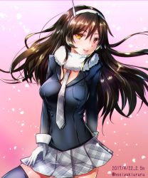 Rule 34 | 10s, 1girl, alternate costume, ashigara (kancolle), black jacket, black thighhighs, blazer, breasts, brown eyes, brown hair, checkered clothes, checkered skirt, fur collar, gloves, grey wolf (kemono friends), grey wolf (kemono friends) cosplay, hoshiyuki aruru, jacket, kantai collection, kemono friends, lips, long hair, long sleeves, looking at viewer, medium breasts, miniskirt, necktie, pink background, pleated skirt, skindentation, skirt, solo, thighhighs, wavy hair, white gloves