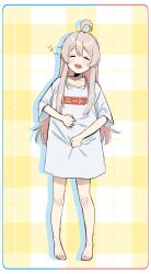 Rule 34 | 1girl, ahoge, bare legs, barefoot, clothes writing, commentary, facing viewer, full body, grey hair, hair between eyes, highres, light blush, long hair, matsuharu (lip-mil), no pants, onii-chan wa oshimai!, open mouth, oversized clothes, oversized shirt, oyama mahiro, plaid, plaid background, shirt, short sleeves, sidelocks, simple background, solo, standing, t-shirt, white shirt, yellow background