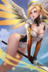 Rule 34 | 1girl, :d, adapted costume, bare legs, between legs, blonde hair, blue eyes, blue sky, bodysuit, breasts, cleavage, cleavage cutout, clothing cutout, cloud, cowboy shot, cross, day, from below, from side, gloves, halo, hexagon, high ponytail, highres, holding, holding staff, holding weapon, large breasts, leaning forward, legs together, leotard, light rays, light smile, lipstick, looking back, looking to the side, makeup, mechanical wings, mercy (overwatch), object riding, open mouth, overwatch, overwatch 1, parted lips, pink lips, plus sign, ponytail, red cross, short hair, sky, smile, solo, staff, sunbeam, sunlight, thighs, tian (56800940), turtleneck, v arms, weapon, wings, yellow wings