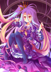 Rule 34 | 10s, 1girl, crown, embellished costume, frilled skirt, frilled sleeves, frills, long hair, no game no life, orange eyes, shiro (no game no life), side ponytail, skirt, thighhighs, too many, too many frills, very long hair, villyane