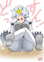 Rule 34 | 1girl, artist logo, ass, blush, bracelet, breasts, clenched hands, clenched teeth, collar, commentary request, crown, debris, dot nose, dress, earrings, elbow gloves, gloves, grey dress, grey footwear, grey hair, high heels, highres, jewelry, knees together feet apart, large breasts, long hair, looking down, mario (series), mini crown, new super mario bros. u deluxe, nintendo, nose blush, oonuma hiroshi, open mouth, panties, panties over pantyhose, pantyhose, petticoat, princess thwomp, puffy short sleeves, puffy sleeves, raised eyebrows, red eyes, short sleeves, signature, simple background, solo, spiked bracelet, spiked collar, spikes, super crown, taut clothes, taut dress, teeth, thwomp, thwompette, translation request, underwear, upskirt, white gloves, white panties, white pantyhose